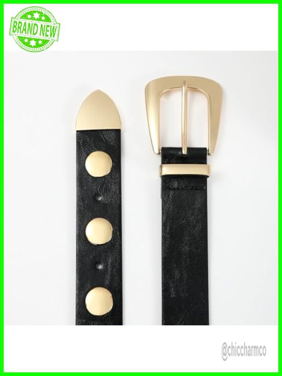Gold Buckle Studded Faux Leather Punk Waist Belt for Jeans Dress main image 4